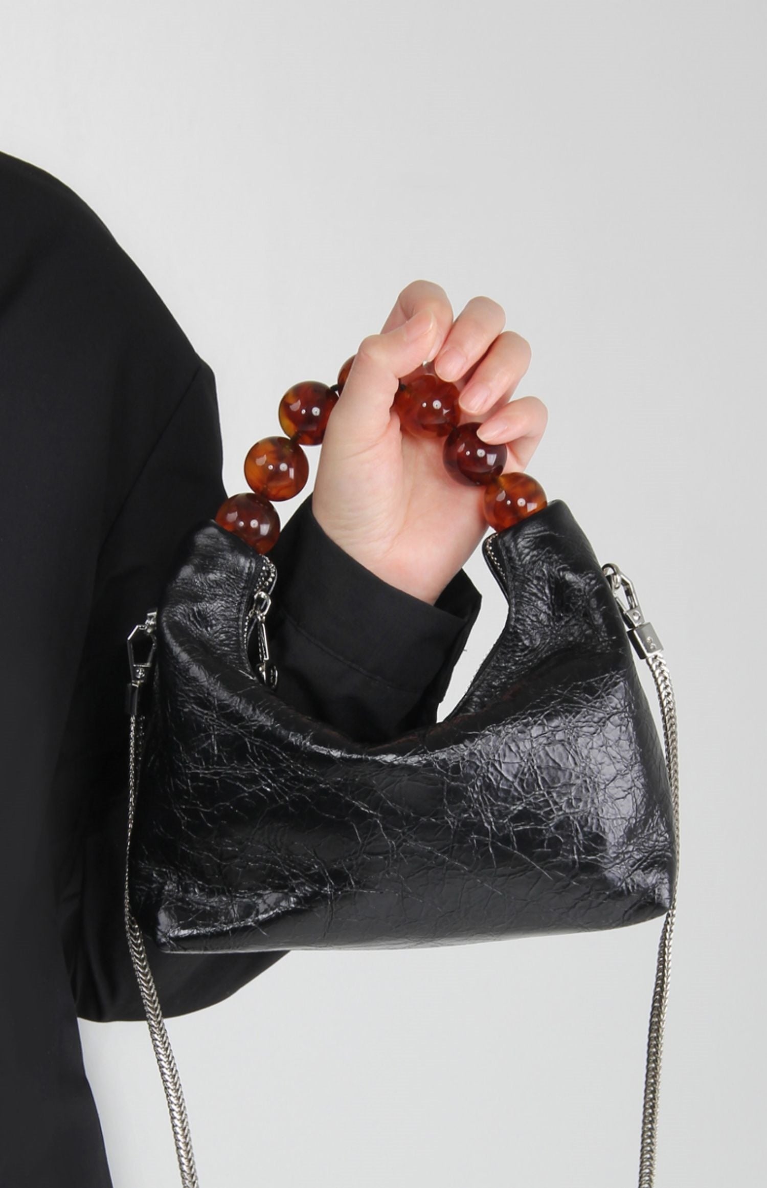 First Layer Oil Wax Cowhide Dumpling Bag Beaded Handbag
