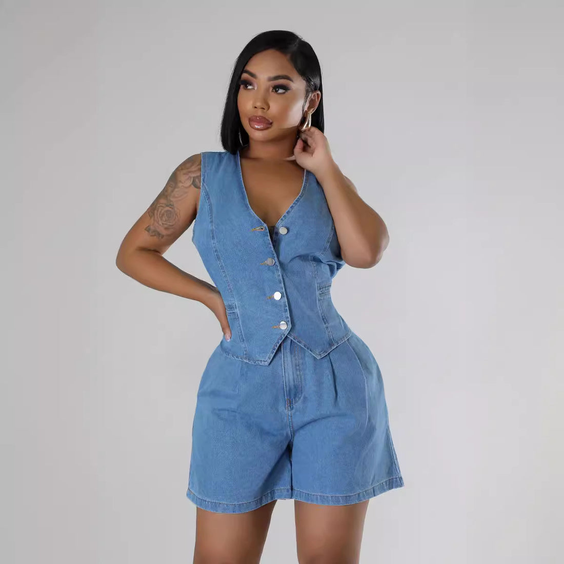 Casual Sleeveless High Waist Denim Shorts Suit