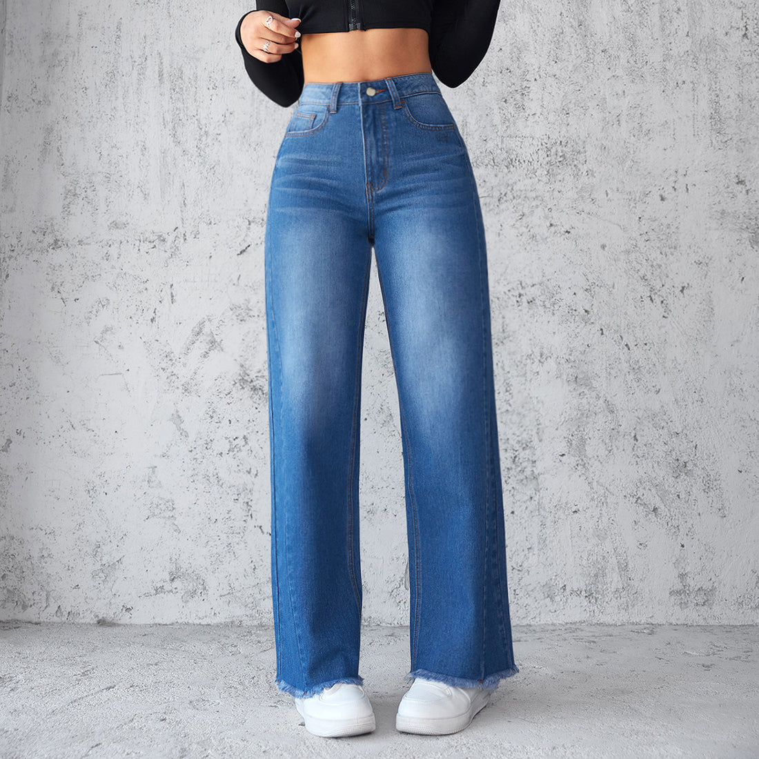Straight Wide-leg Jeans Casual High-waist Non-Elastic