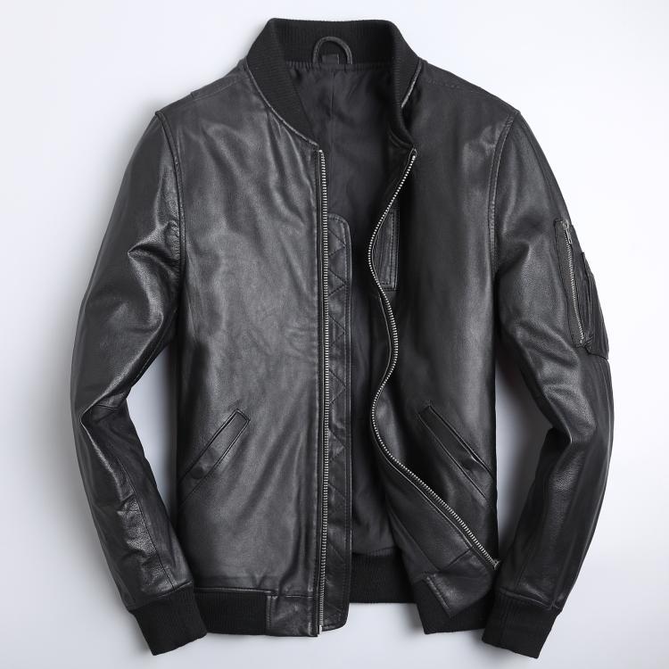 Slim Fit Black Leather Jacket with Stand-Up Collar and Ribbed Hem