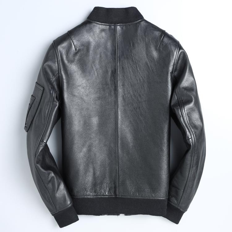 Slim Fit Black Leather Jacket with Stand-Up Collar and Ribbed Hem