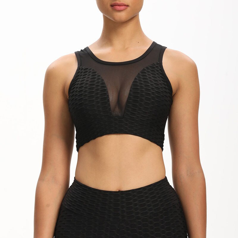 Fitness Solid Color Jacquard and Mesh Yoga Bra