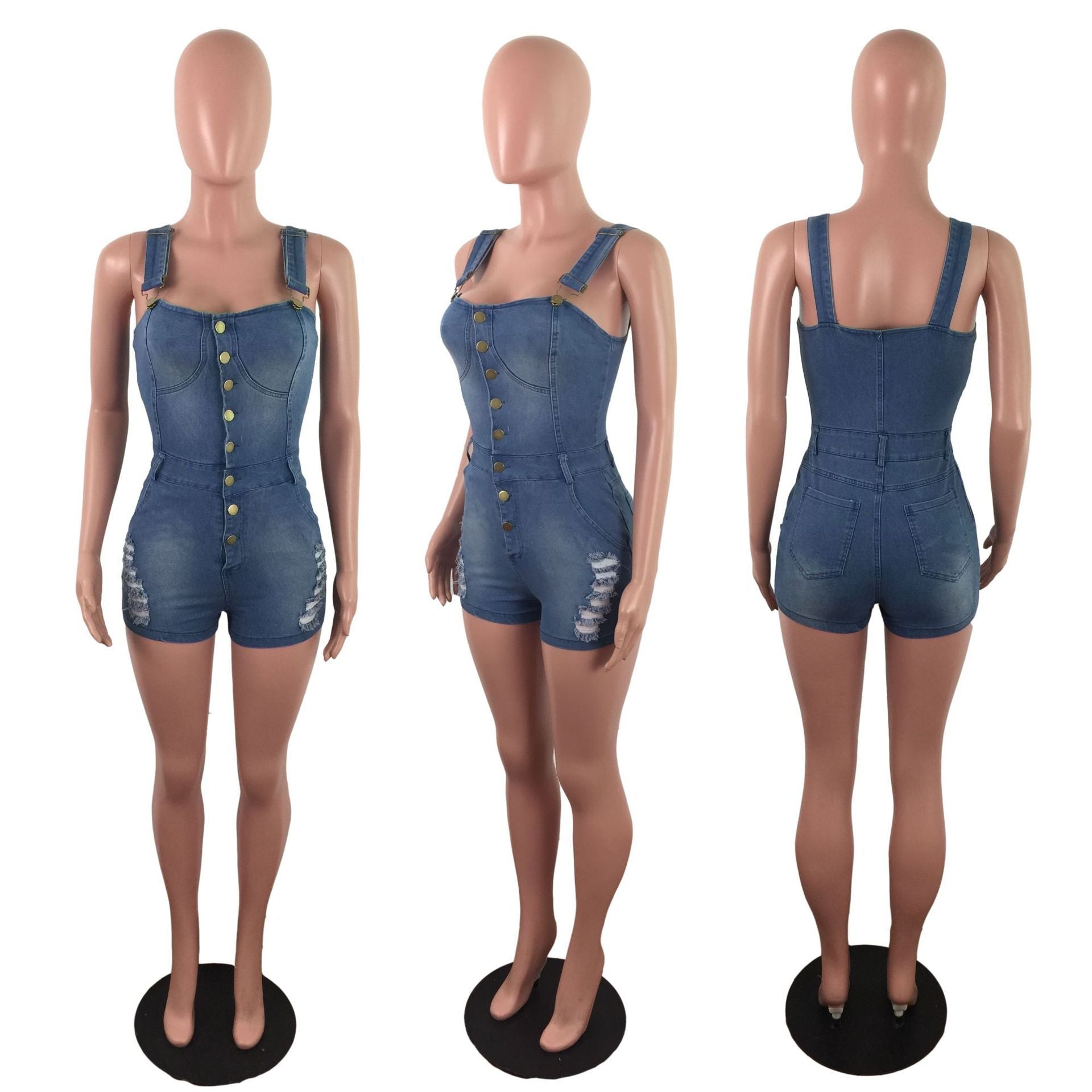 Denim Slim Fit Jumpsuit White Spray Hole Jumpsuit Denim Shorts