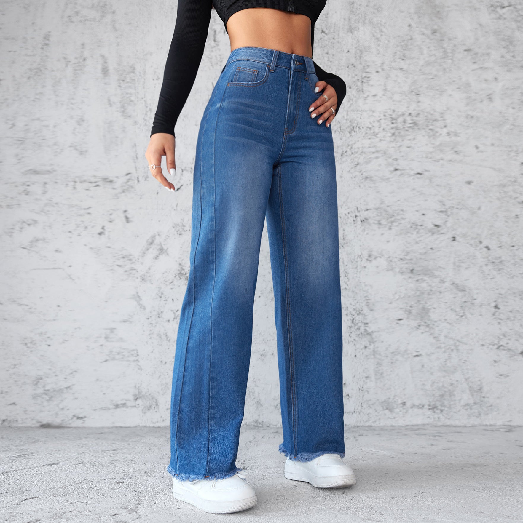 Straight Wide-leg Jeans Casual High-waist Non-Elastic