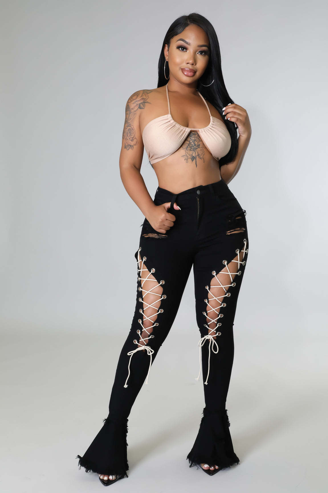 Mid-Waist Retro Tattered Jeans Elastic Corns Bandage Mop Denim Bell-Bottom