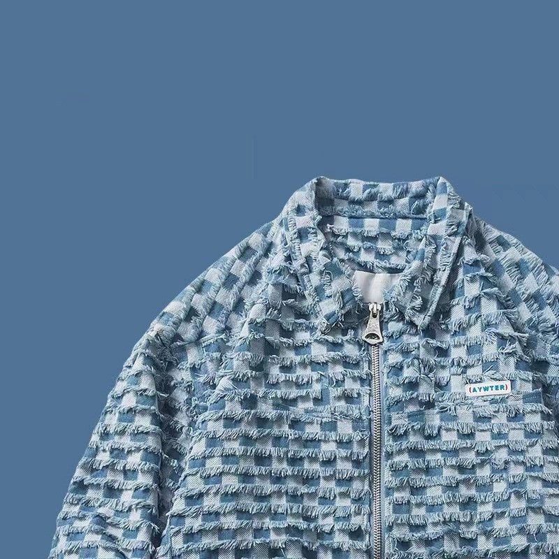 Spring Loose Lapel Plaid Embroidered Label Denim Coat