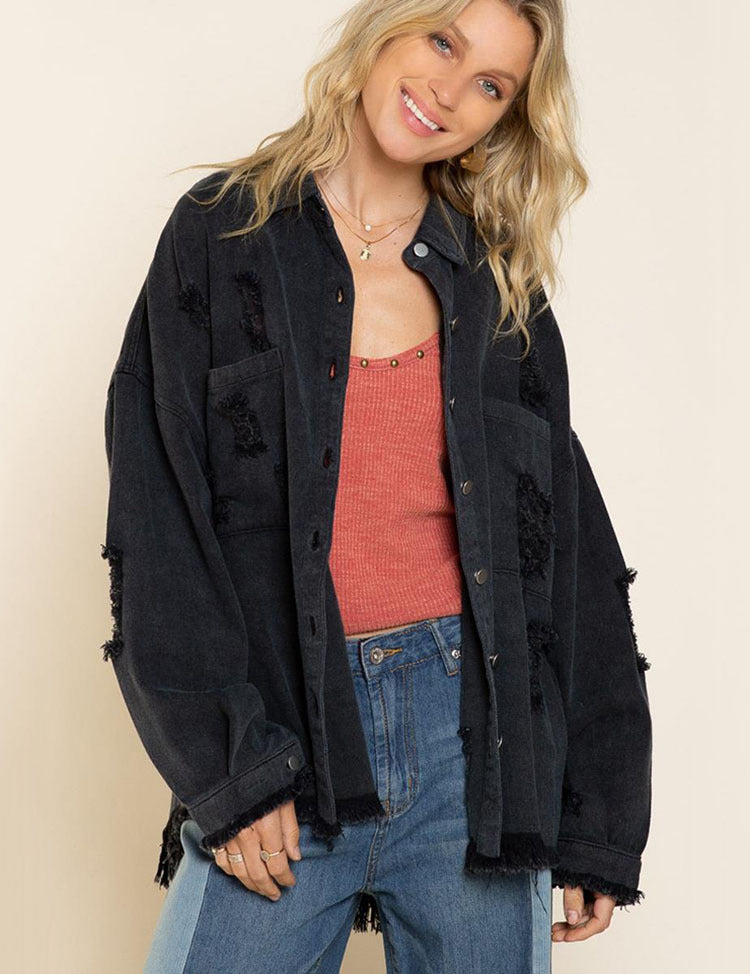 New Washed And Worn Fringed Loose Jacket