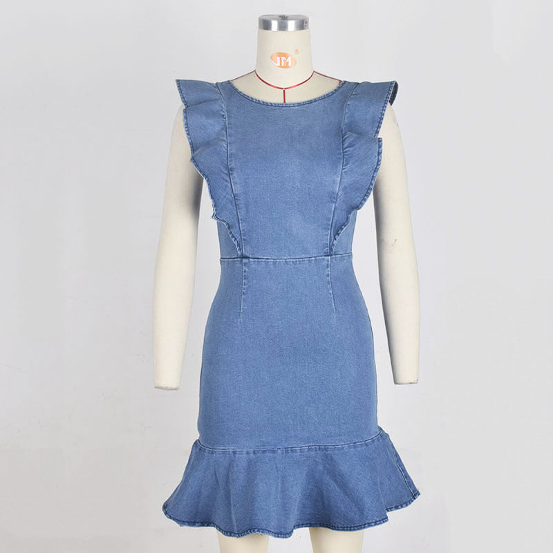 Ruffled Skirt Stretch Denim Dress
