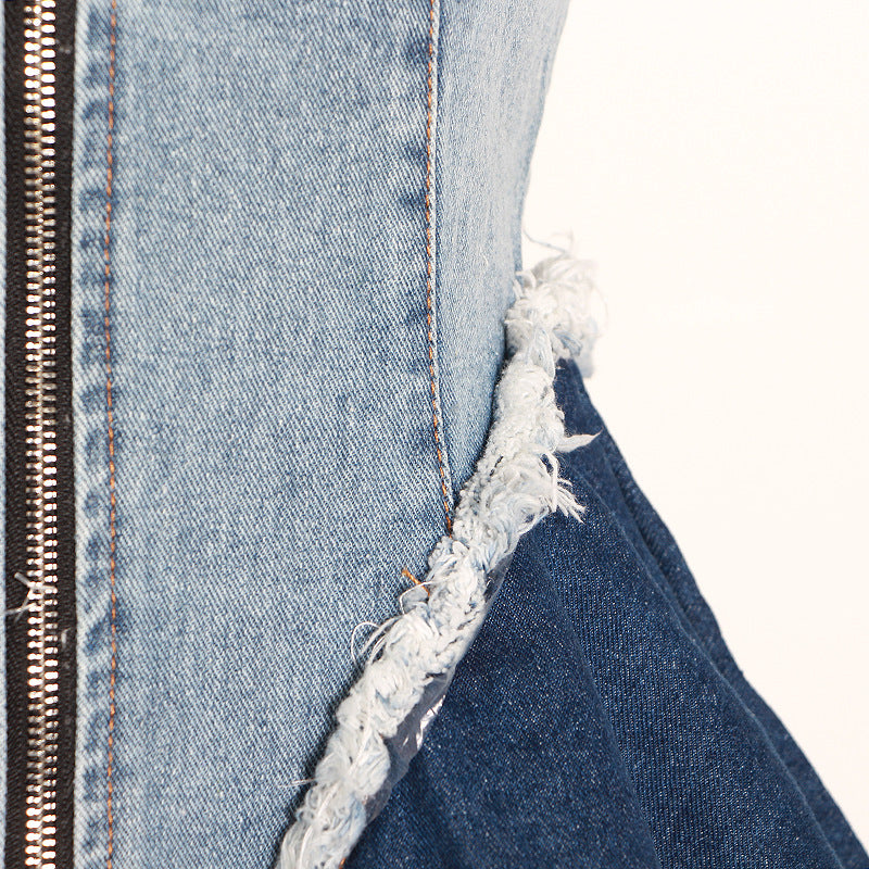 Raw-edged Old Color Matching Denim Suspender Dress