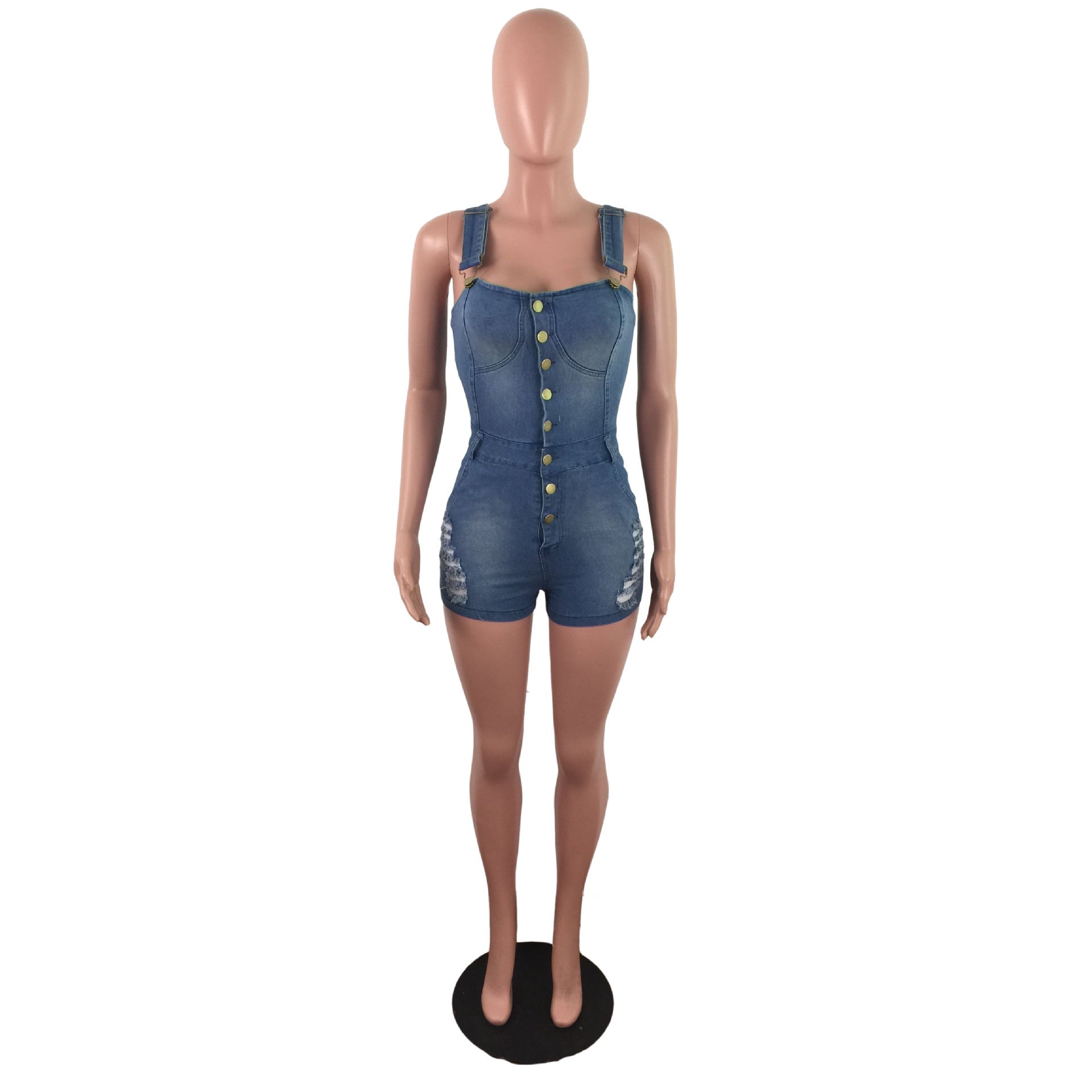 Denim Slim Fit Jumpsuit White Spray Hole Jumpsuit Denim Shorts