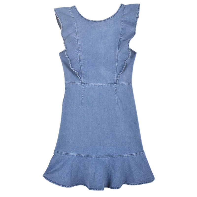 Ruffled Skirt Stretch Denim Dress