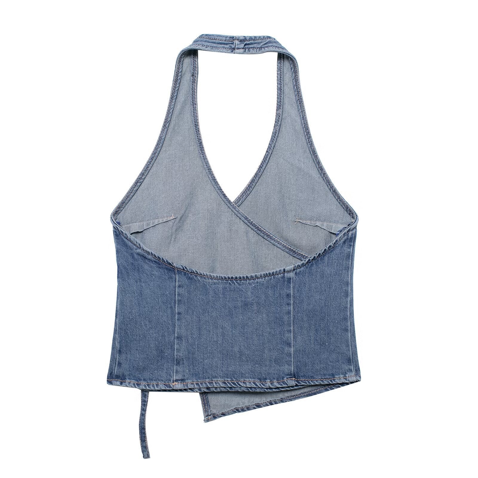 Summer Denim Hanging Collar Top Women&