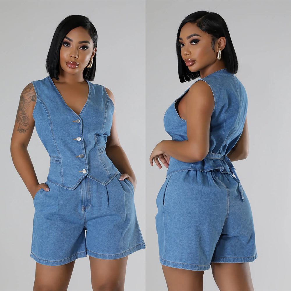 Casual Sleeveless High Waist Denim Shorts Suit