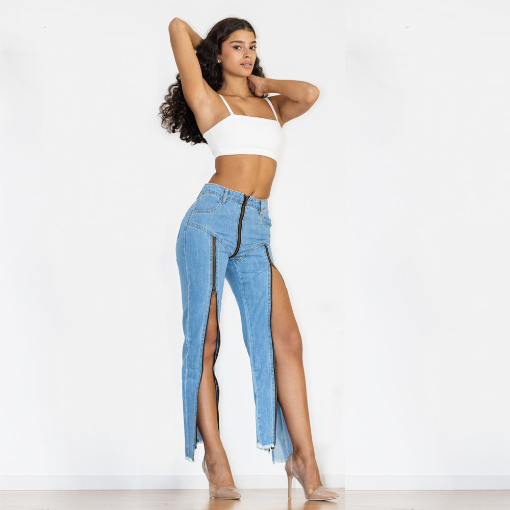 Shascullfites Women Split Straight Jeans Women Club Dancing Pants
