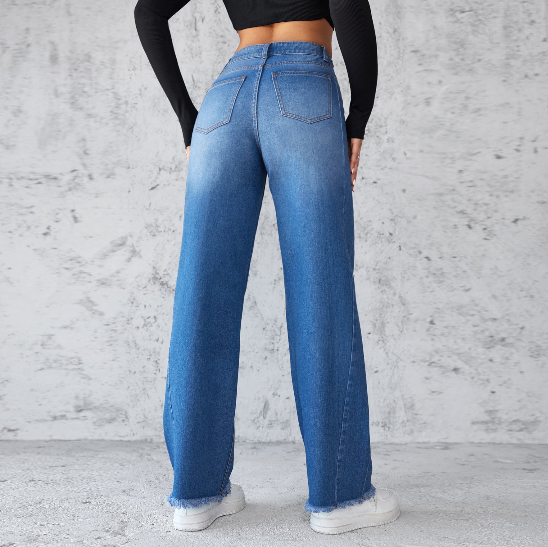 Straight Wide-leg Jeans Casual High-waist Non-Elastic