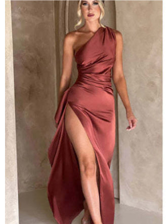 Sexy One-shoulder Backless Slit Dress Summer Elegant Slim-fit Solid Color Satin Dresses