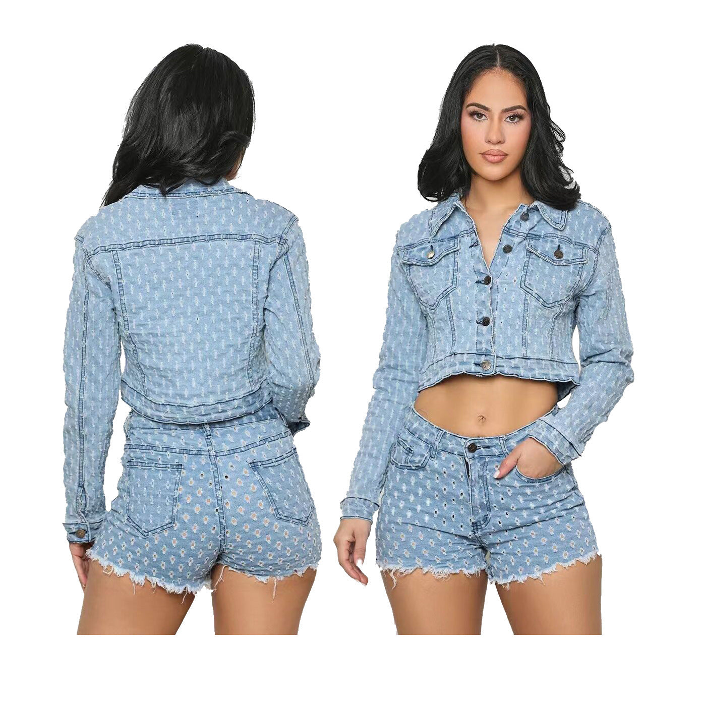 Leisure Ripped Denim Shorts Suit