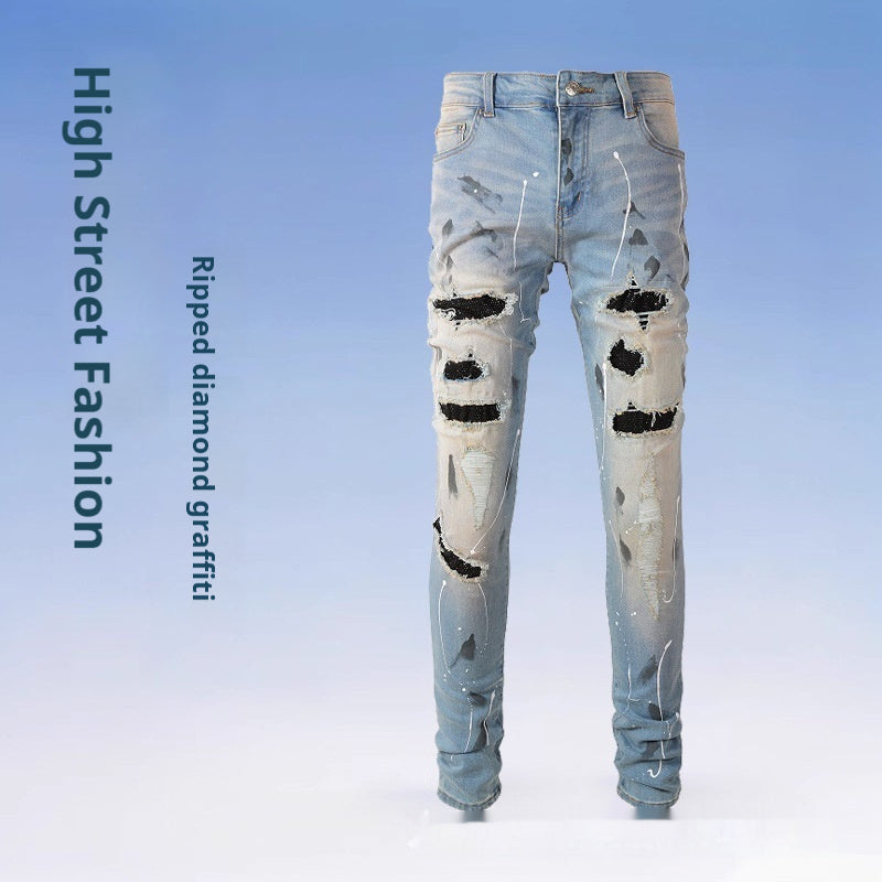 Rhinestone Patch Slim Fit Straight Ripped High Street Jeans