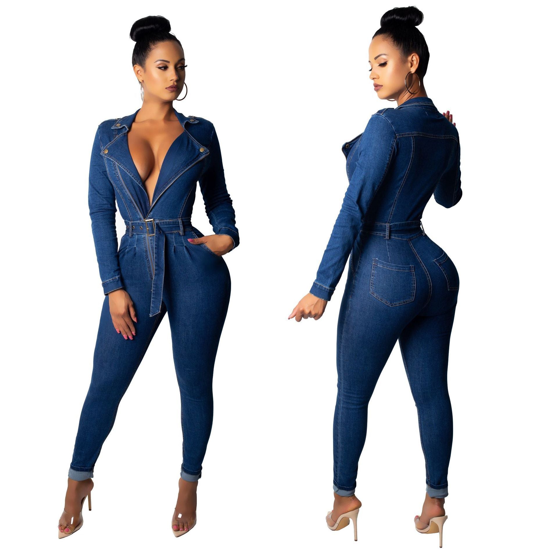 Cross-Border Denim Slim Jumpsuit