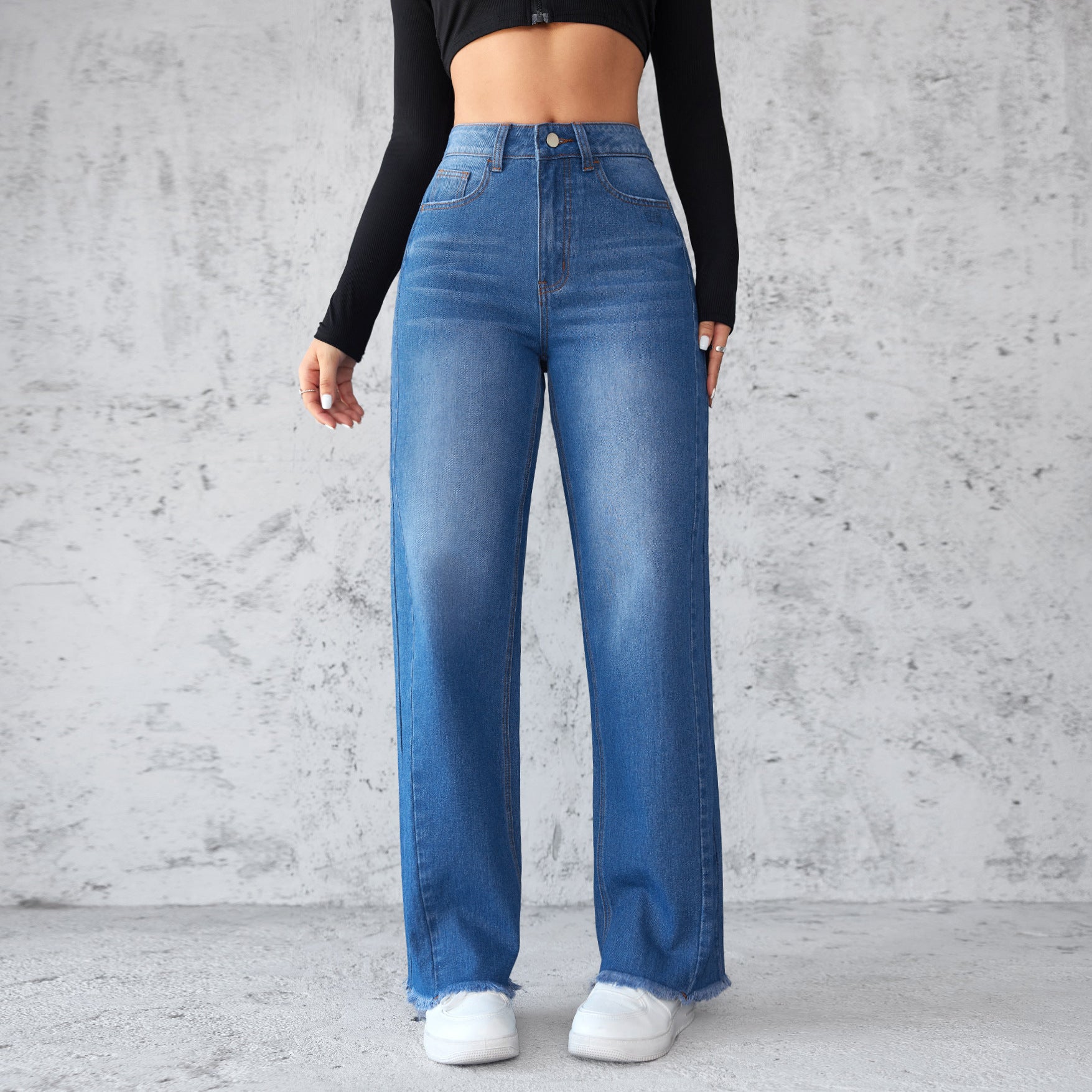 Straight Wide-leg Jeans Casual High-waist Non-Elastic