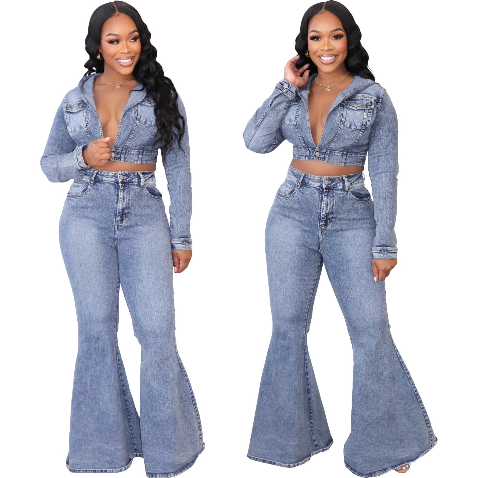 Cardigan Hooded Non-Elastic Bell-bottom Pants Denim Suit