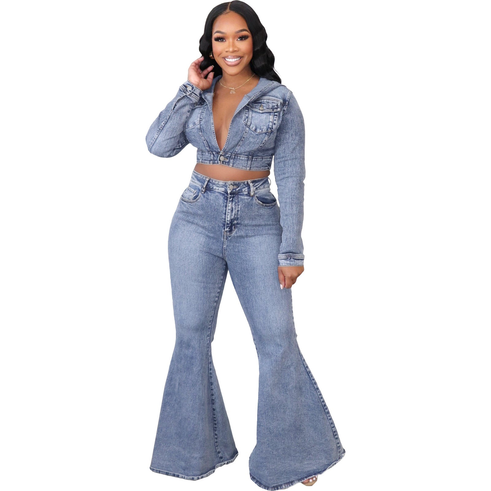 Cardigan Hooded Non-Elastic Bell-bottom Pants Denim Suit