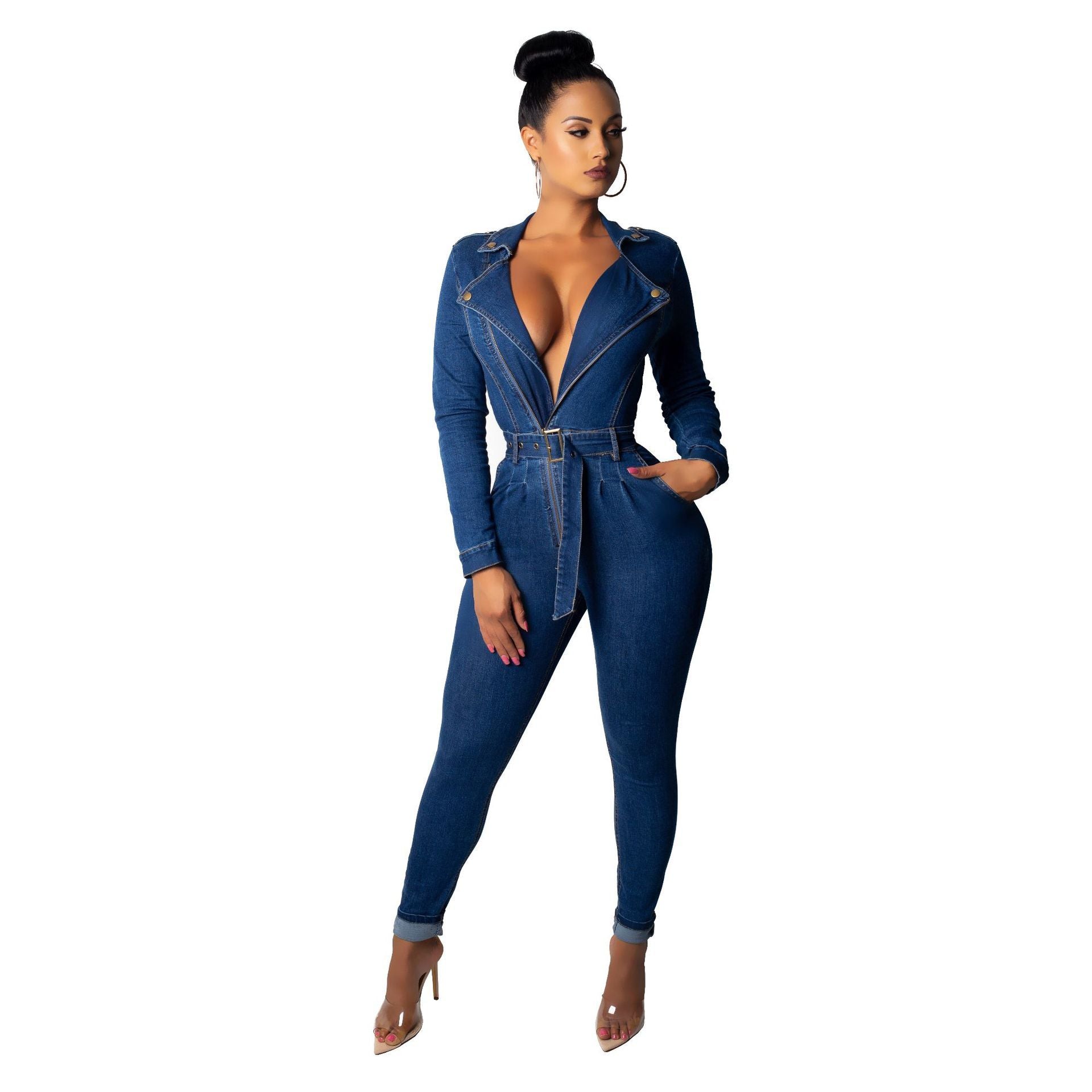 Cross-Border Denim Slim Jumpsuit