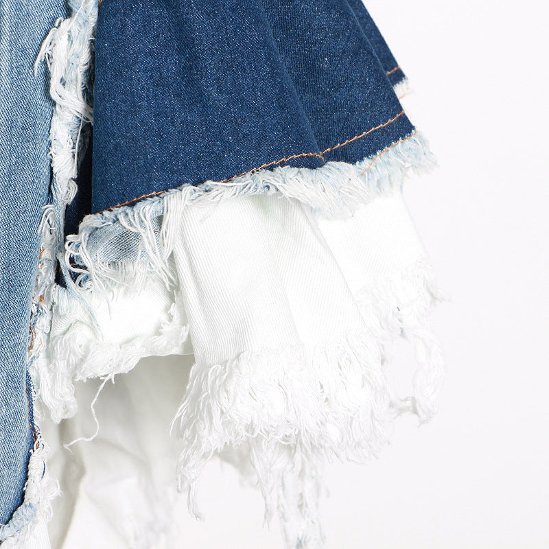 Raw-edged Old Color Matching Denim Suspender Dress