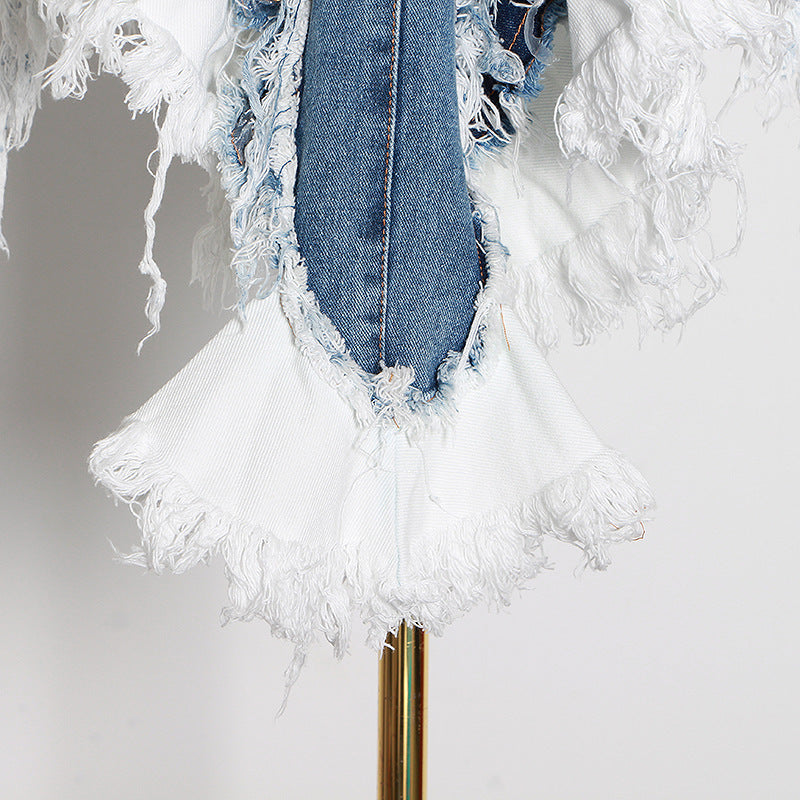 Raw-edged Old Color Matching Denim Suspender Dress