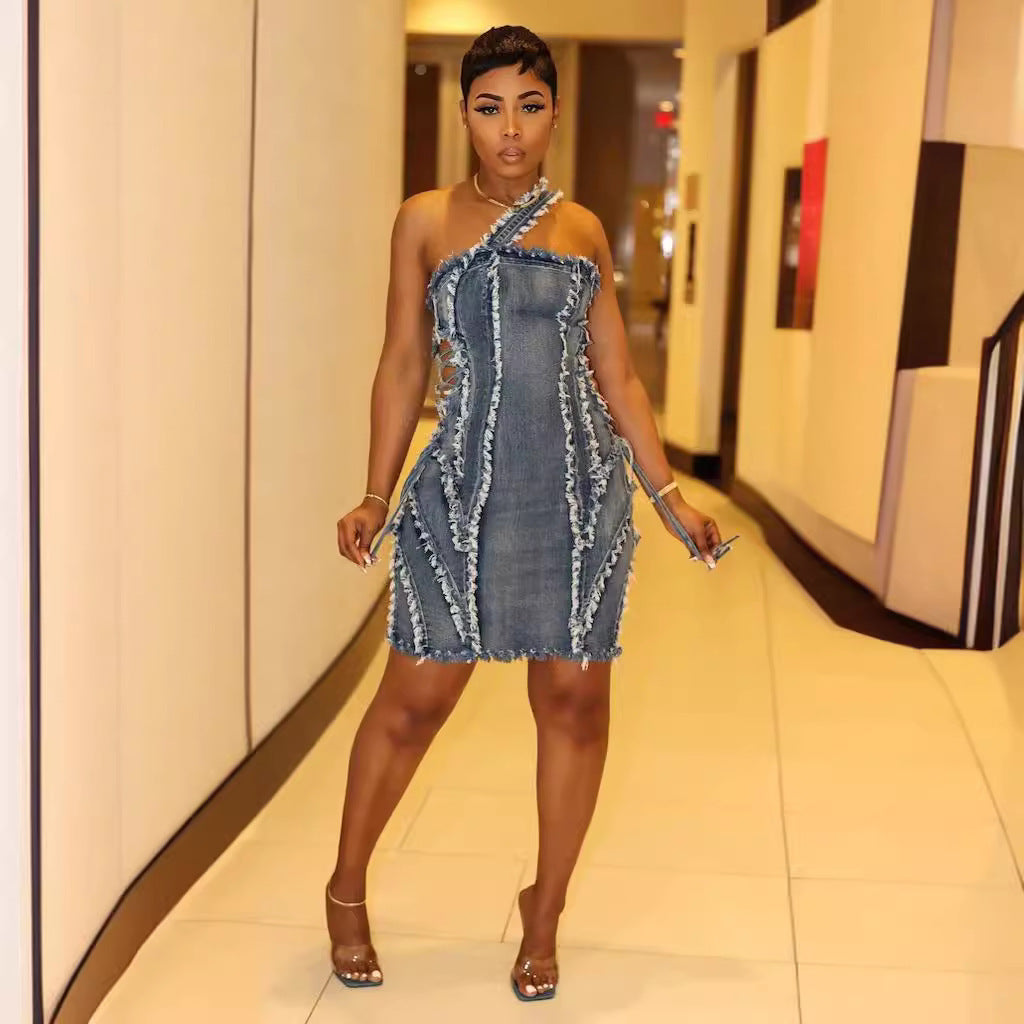 Suspenders Elastic Denim Stitching Dress