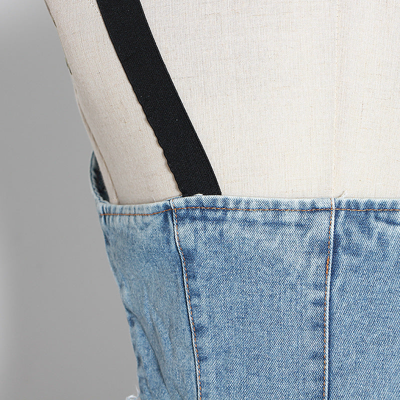 Raw-edged Old Color Matching Denim Suspender Dress
