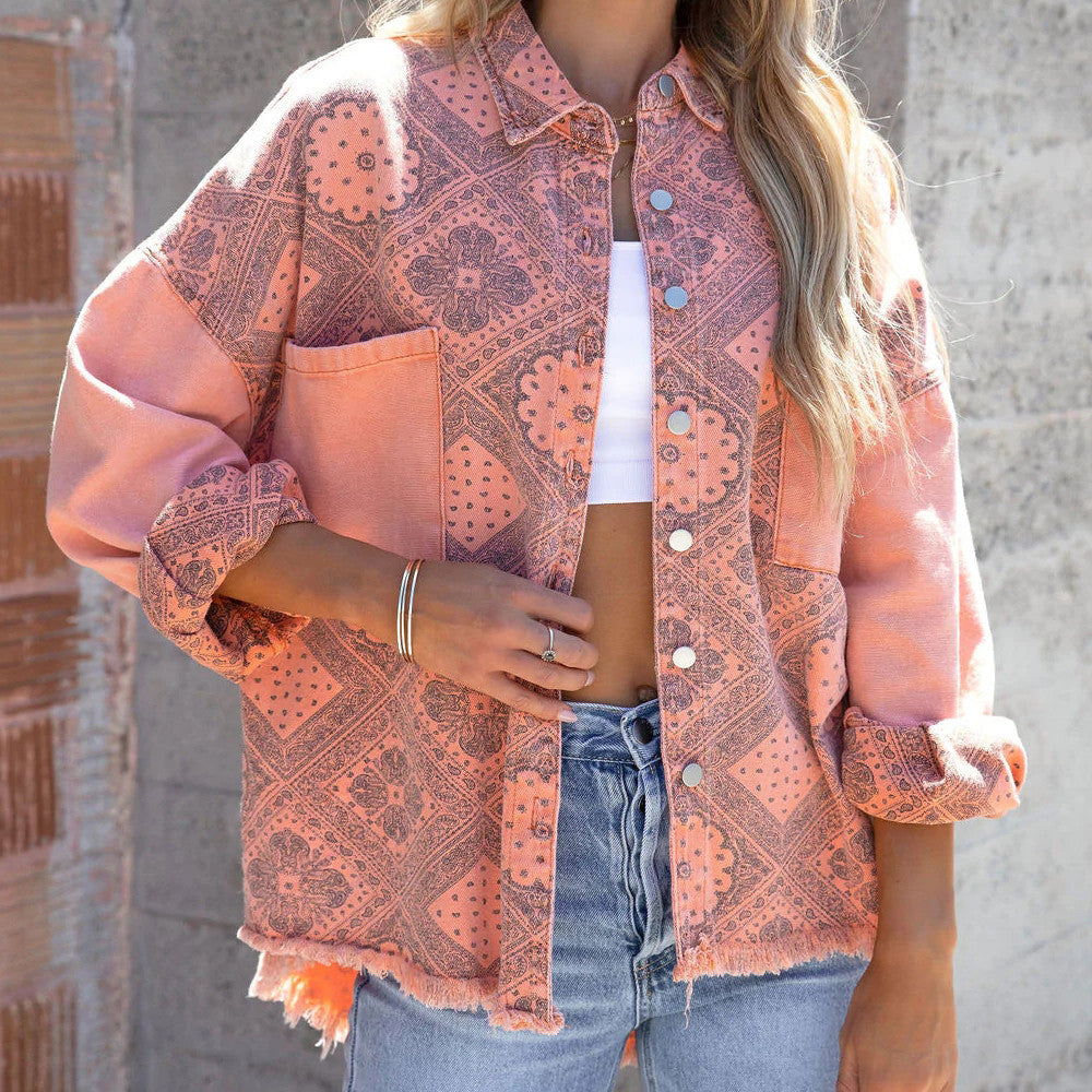 Printed Denim Casual And Versatile Coat