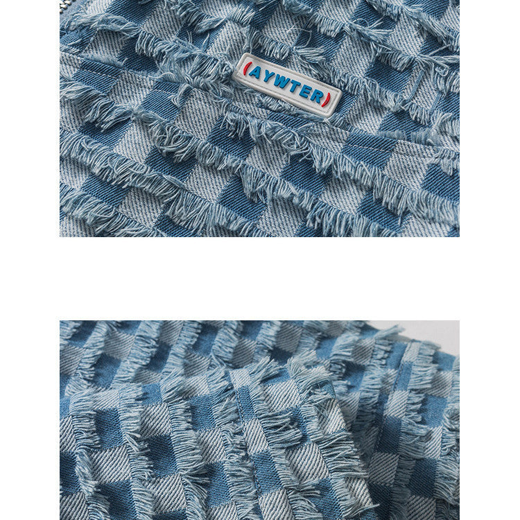 Spring Loose Lapel Plaid Embroidered Label Denim Coat