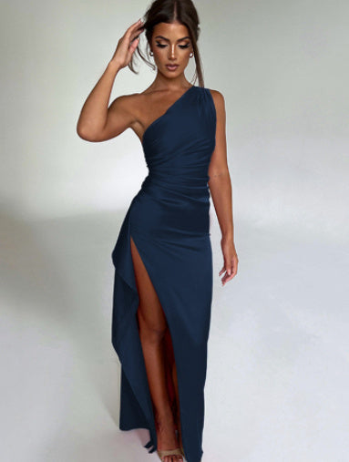 Sexy One-shoulder Backless Slit Dress Summer Elegant Slim-fit Solid Color Satin Dresses