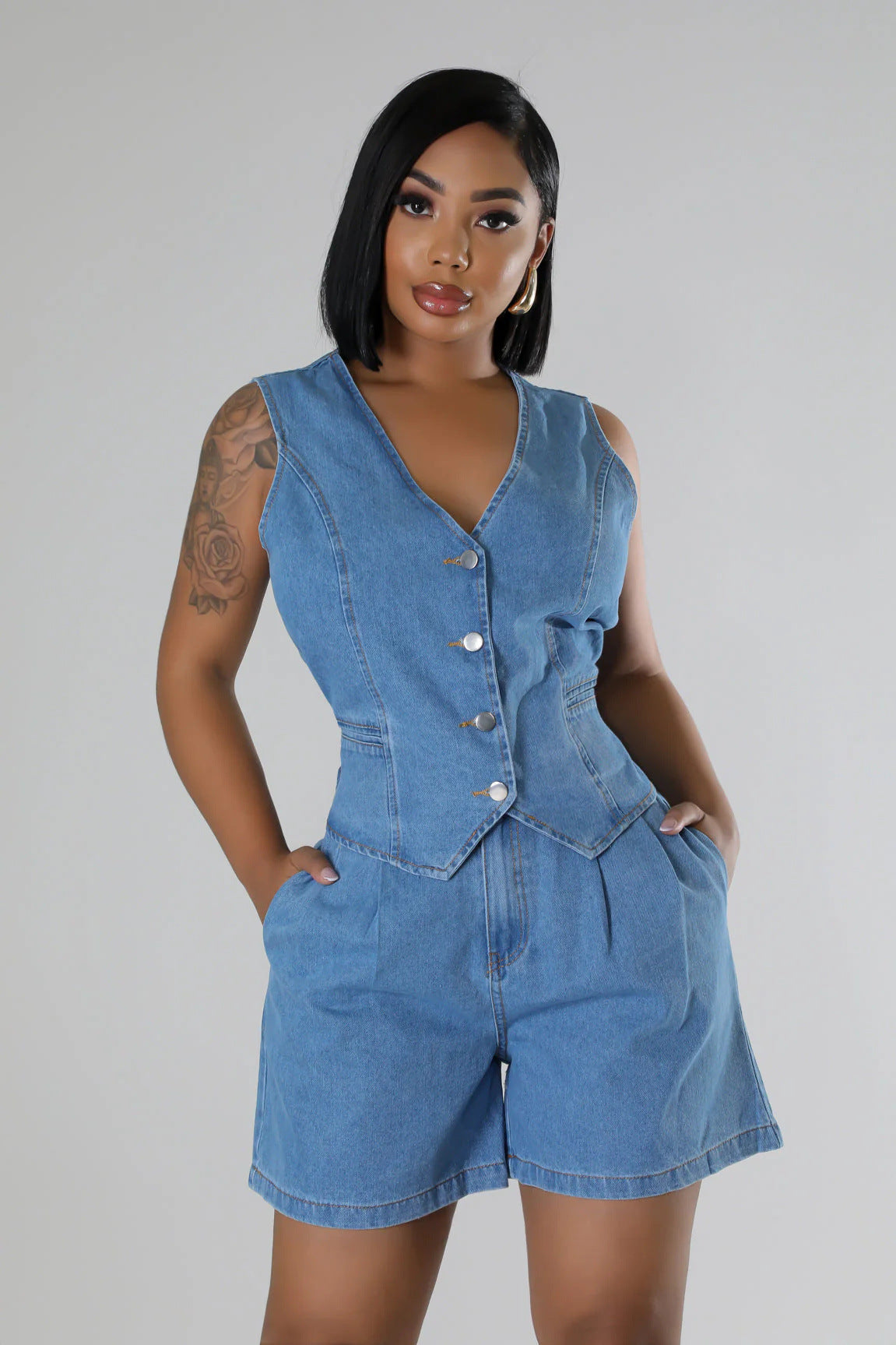 Casual Sleeveless High Waist Denim Shorts Suit
