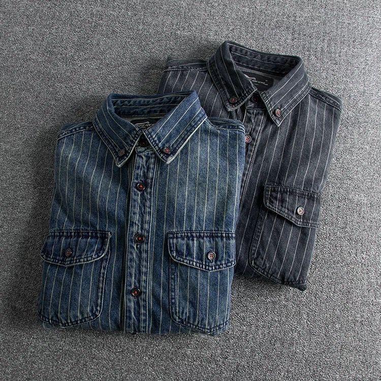 Denim Shirt Retro Heavy Distressed Thick Striped Long Sleeve