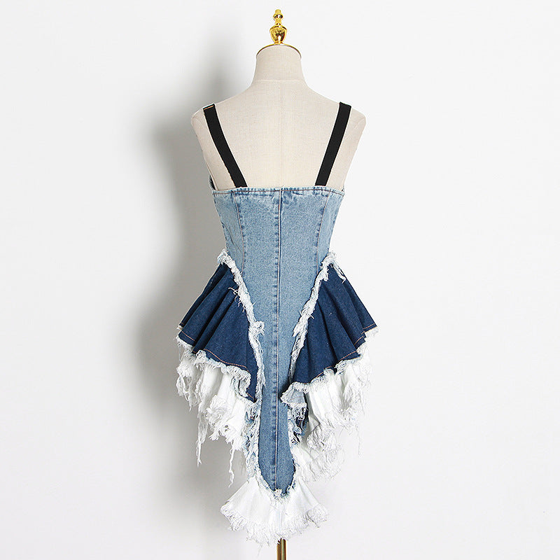 Raw-edged Old Color Matching Denim Suspender Dress
