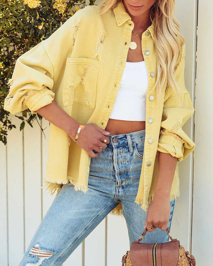 New Washed And Worn Fringed Loose Jacket