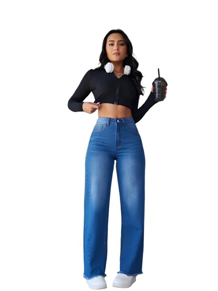 Straight Wide-leg Jeans Casual High-waist Non-Elastic