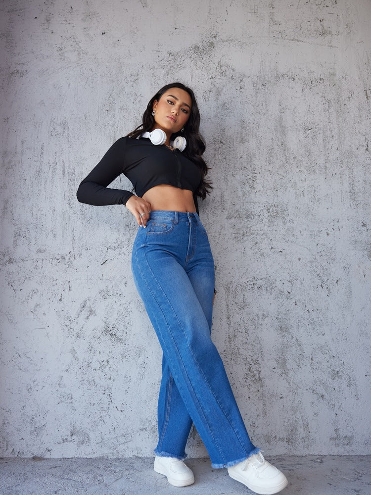 Straight Wide-leg Jeans Casual High-waist Non-Elastic