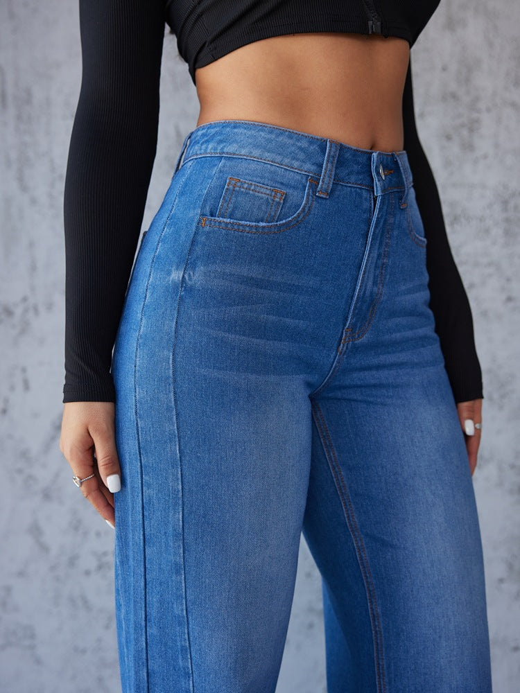 Straight Wide-leg Jeans Casual High-waist Non-Elastic