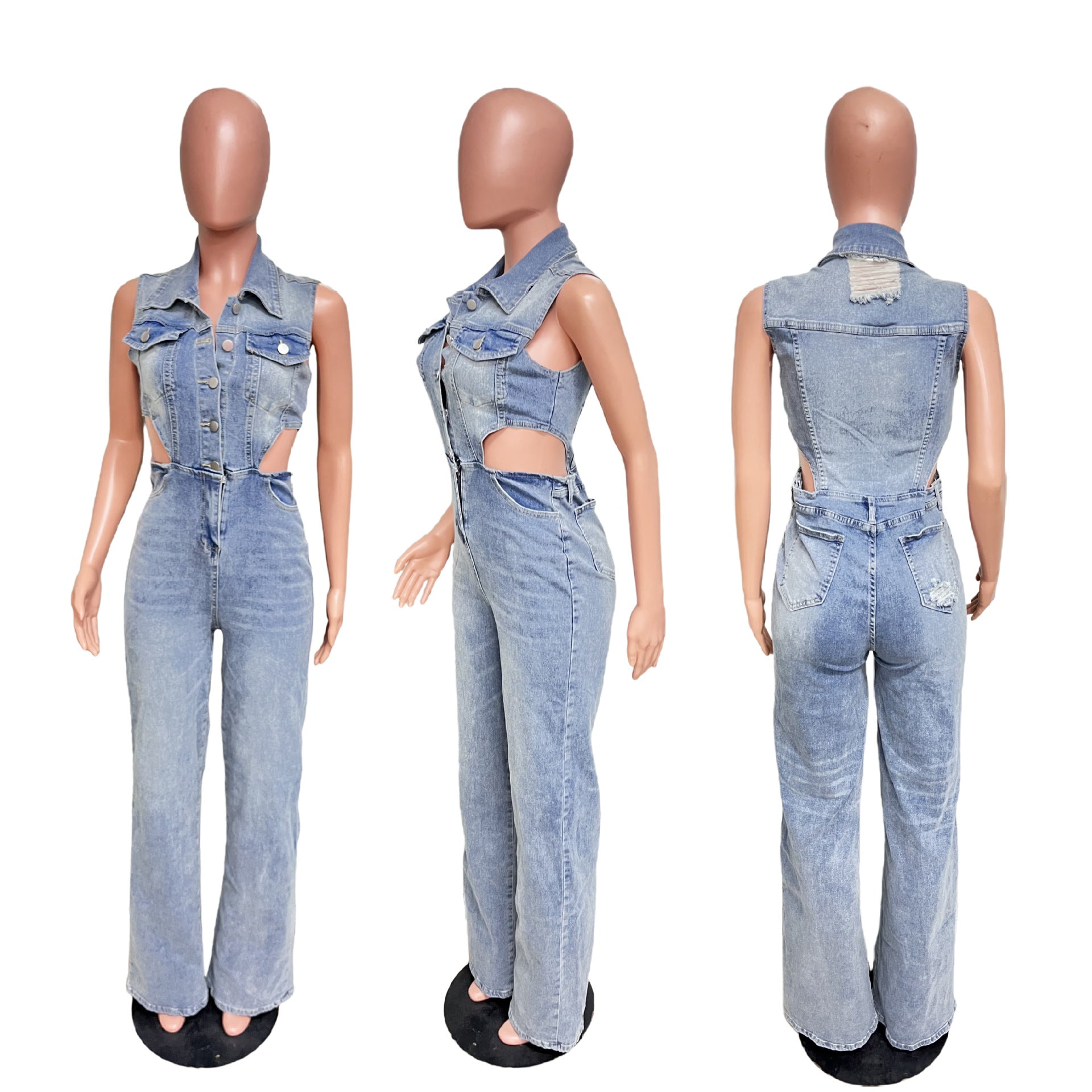 Slim Elastic Wash Denim Jumpsuit Straight Loose Jumpsuit