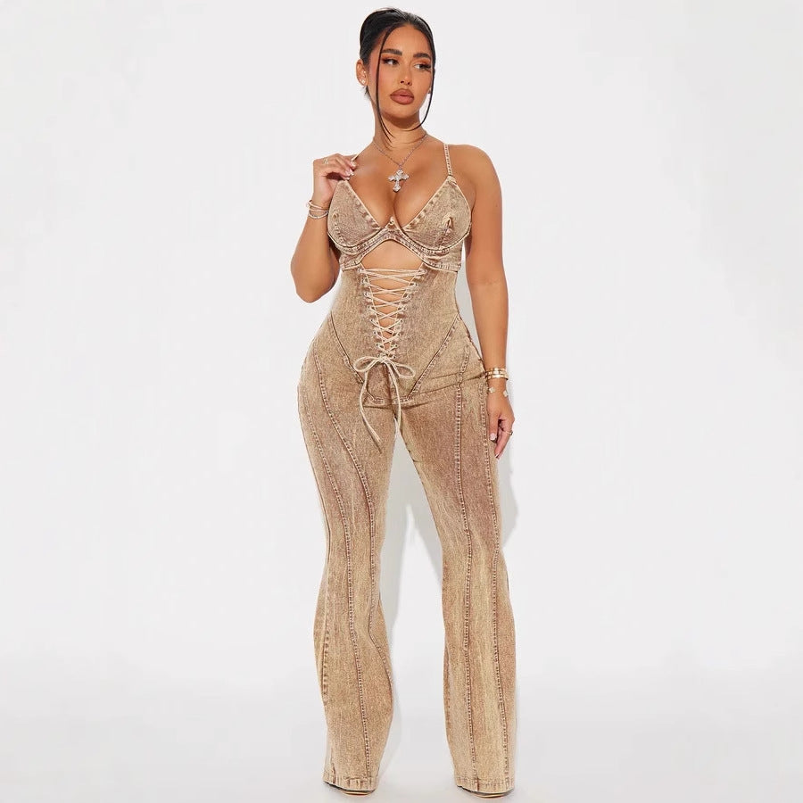 Hollowed-out Lace-up Girdle Denim Jumpsuit