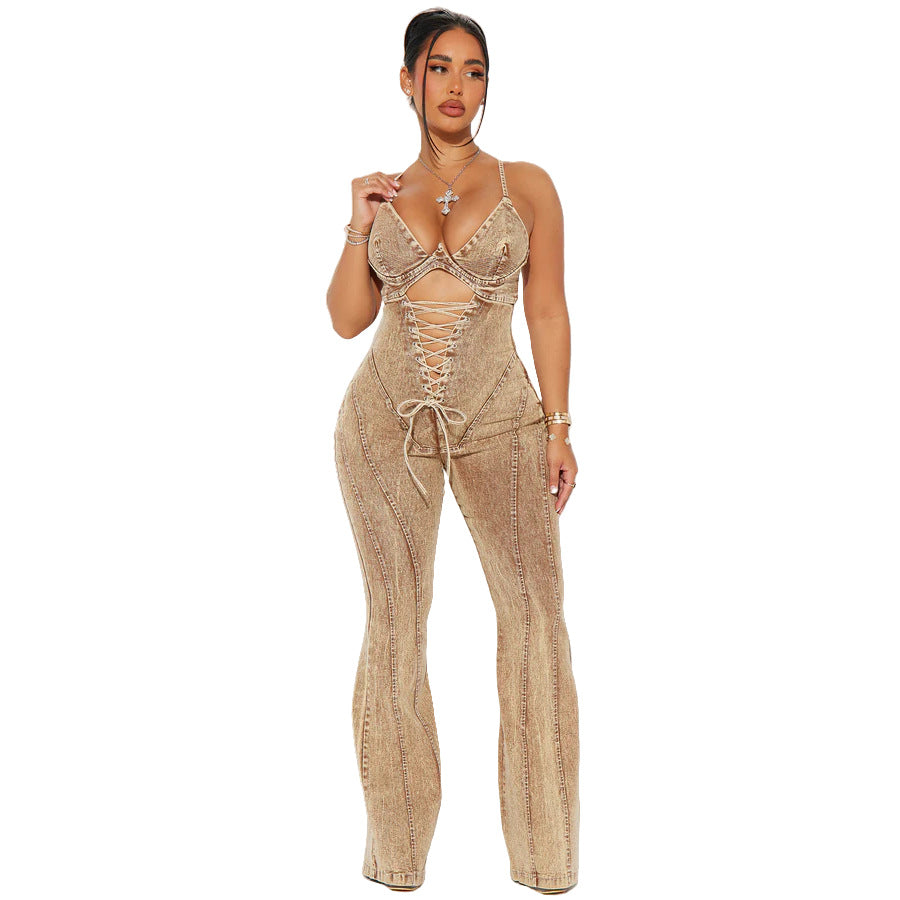Hollowed-out Lace-up Girdle Denim Jumpsuit