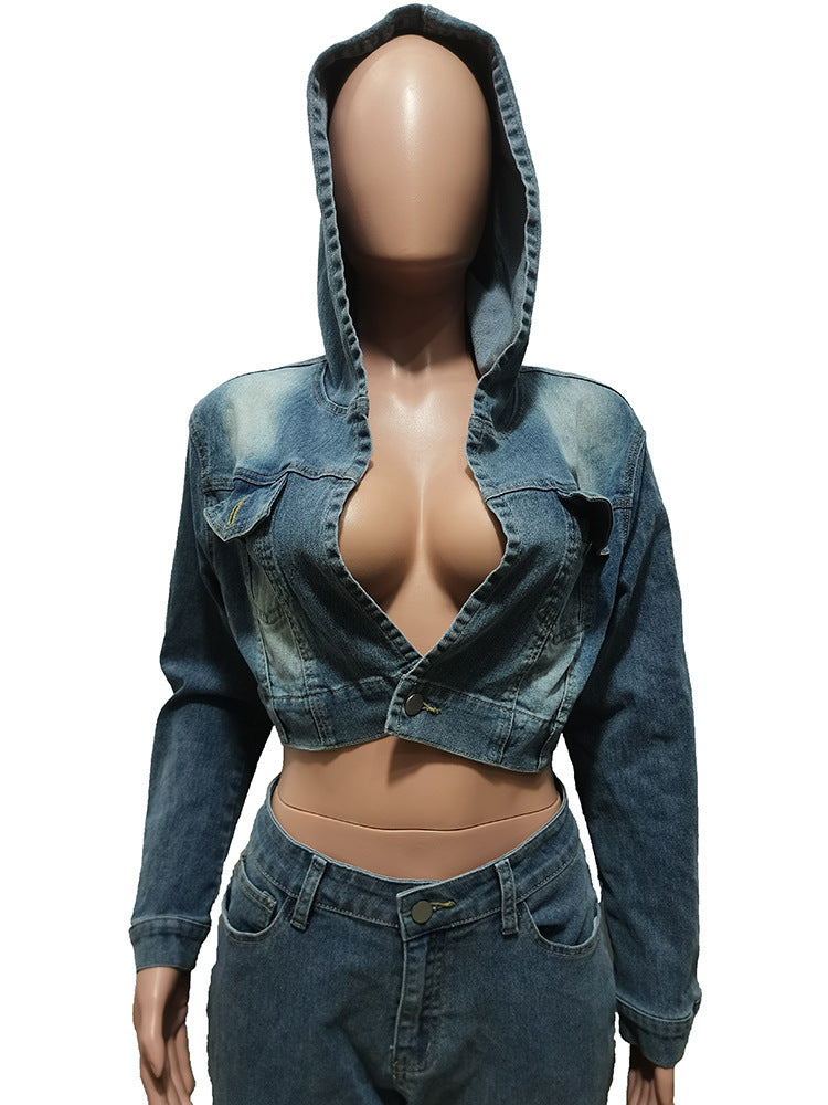 Cardigan Hooded Non-Elastic Bell-bottom Pants Denim Suit
