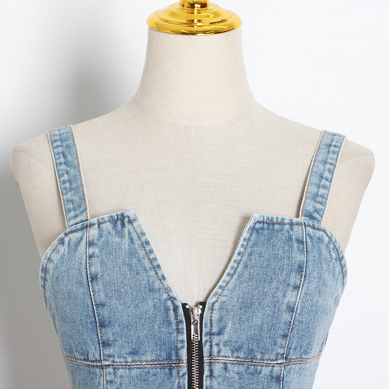 Raw-edged Old Color Matching Denim Suspender Dress