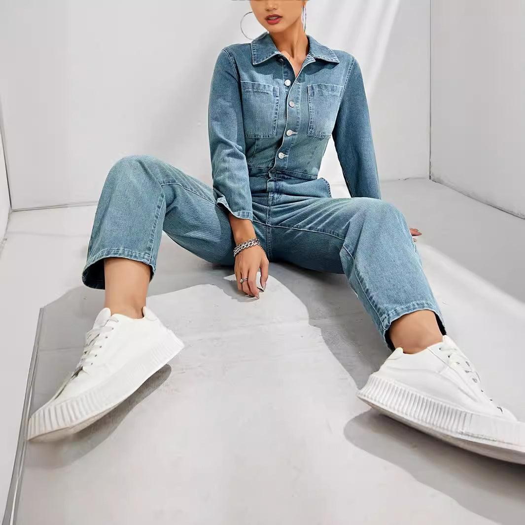 Slim-Fit Long-Sleeved Denim Jumpsuit