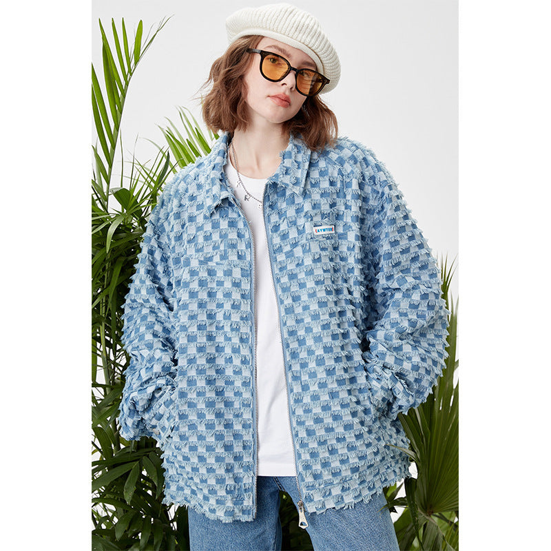 Spring Loose Lapel Plaid Embroidered Label Denim Coat