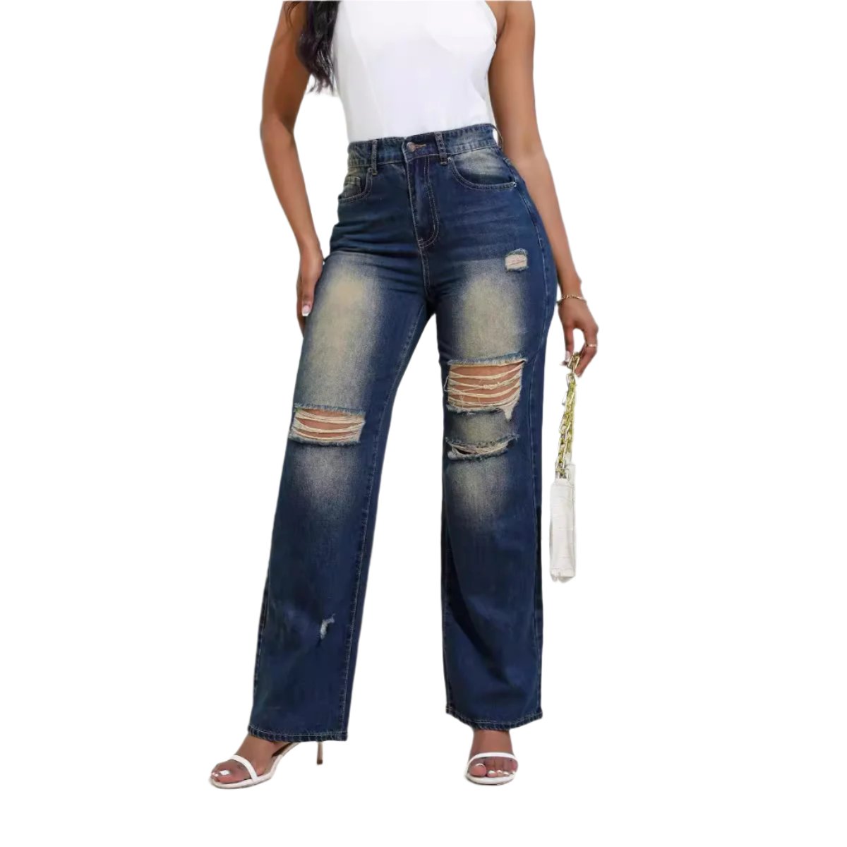Fashion High Waist Ripped Jeans With Pockets Comfortable Slim Fit Straight Wide-leg Pants