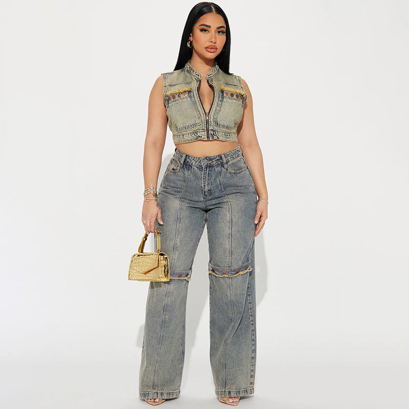 Vintage Streetwear Washed Denim Pants Grunge Basic Slouchy Trousers